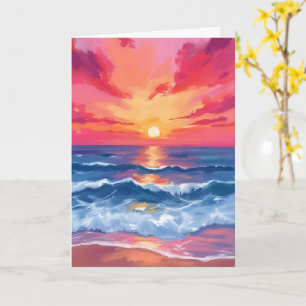 Fuchsia Shore Sunset Ocean Waves Watercolor Card