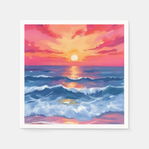 Fuchsia Shore Sunset Ocean Waves Watercolor Napkin