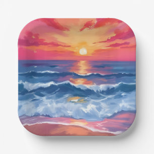 Fuchsia Shore Sunset Ocean Waves Watercolor Paper Plate