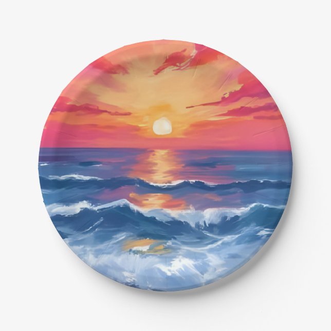 Fuchsia Shore Sunset | Ocean Waves Watercolor Paper Plate (Front)