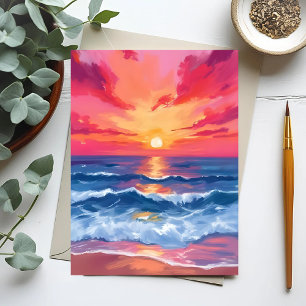 Fuchsia Shore Sunset   Ocean Waves Watercolor Postcard