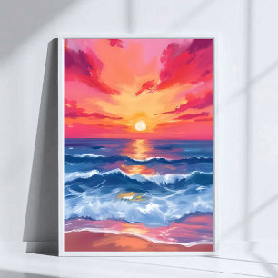 Fuchsia Shore Sunset Ocean Waves Watercolor Poster