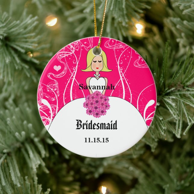 Fuchsia Short Blonde Hair Gown Bridesmaid Ornament (Tree)