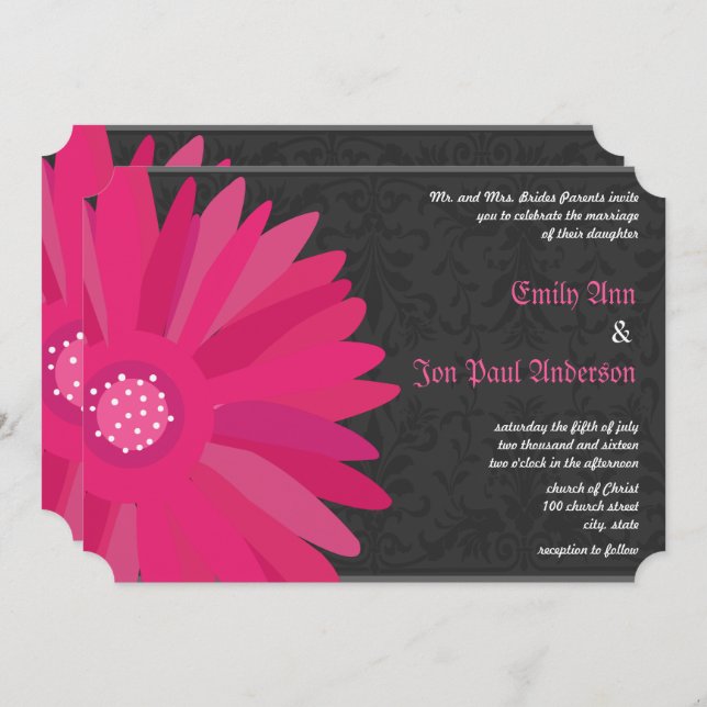 Fuchsia Silver Metallic Gerber Daisy Wedding Invitation (Front/Back)