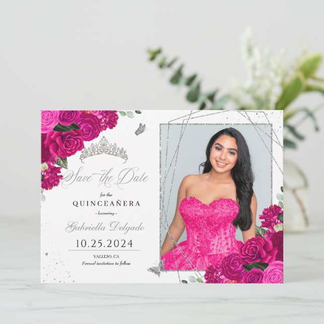 Fuchsia & Silver Quinceañera Save The Date Photo Invitation (Standing Front)