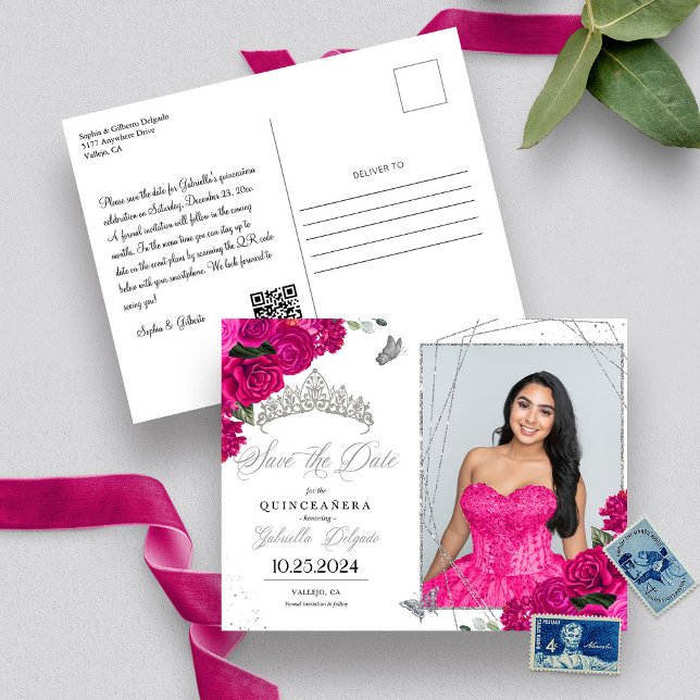 Fuchsia & Silver Tiara Quinceañera Photo Postcard (Creator Uploaded)