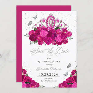 Fuchsia & Silver Tiara Save The Date Quinceañera Invitation
