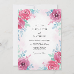 Fuchsia Teal Rose Wedding Invitation