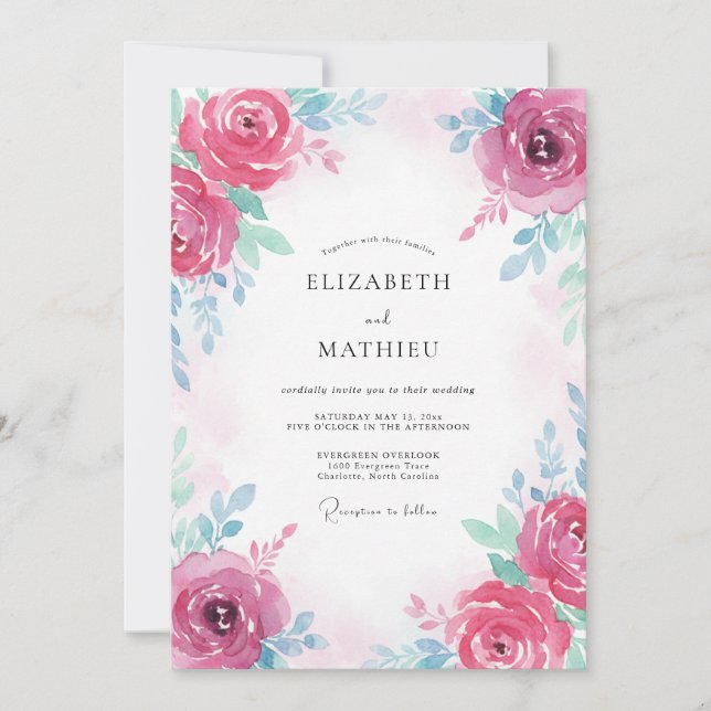 Fuchsia Teal Rose Wedding Invitation (Front)