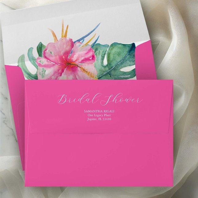Fuchsia Tropical Floral Custom Bridal Shower Envelope (Return address envelopes with watercolor hibiscus flower in vibrant pink and monstera palm leaves)