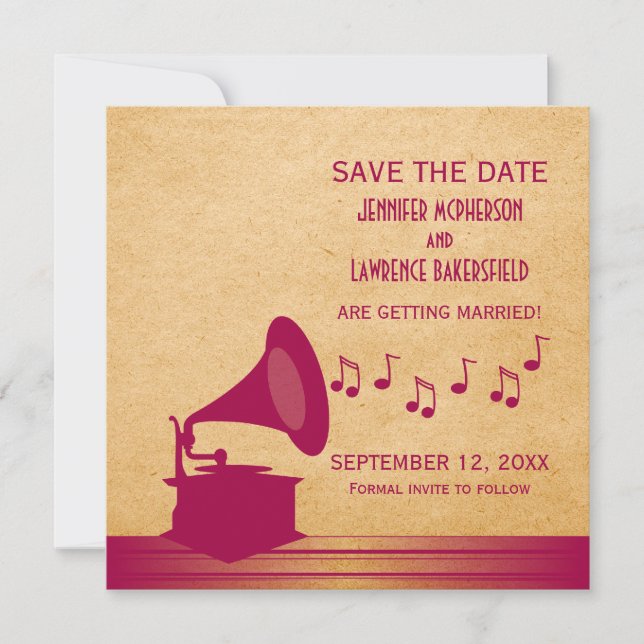 Fuchsia Vintage Gramophone Save the Date Invite (Front)