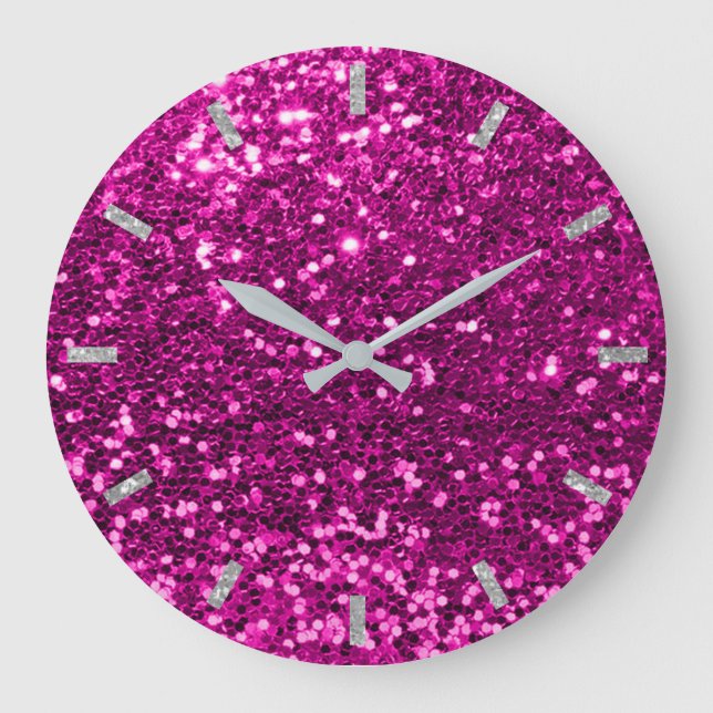 Fuchsia Vivid Bright Pink Rose Glitter Silver Grey Large Clock (Front)
