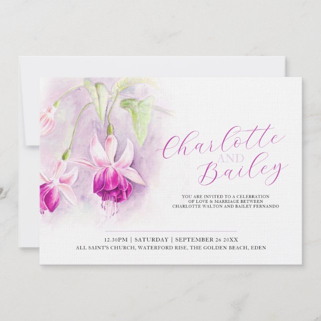 Fuchsia watercolor deep pink art wedding landscape invitation (Front)