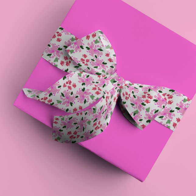 Fuchsia Watercolor Floral Garden Satin Ribbon (Fuchsia pink floral garden watercolor grosgrain or satin ribbon.)
