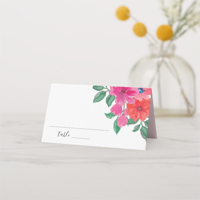 Fuchsia Watercolor Floral Wedding Place Card (Front)