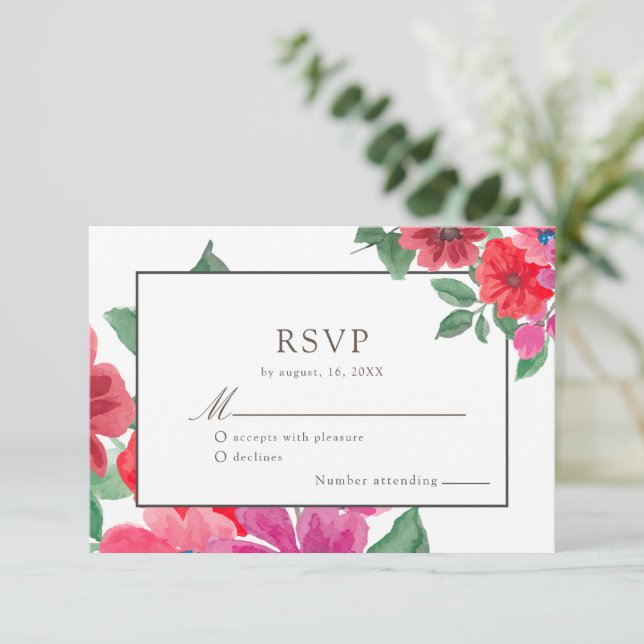 Fuchsia Watercolor Floral Wedding RSVP (Standing Front)