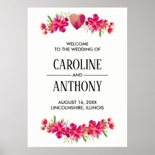 Fuchsia Watercolor Floral Wedding Welcome Sign
