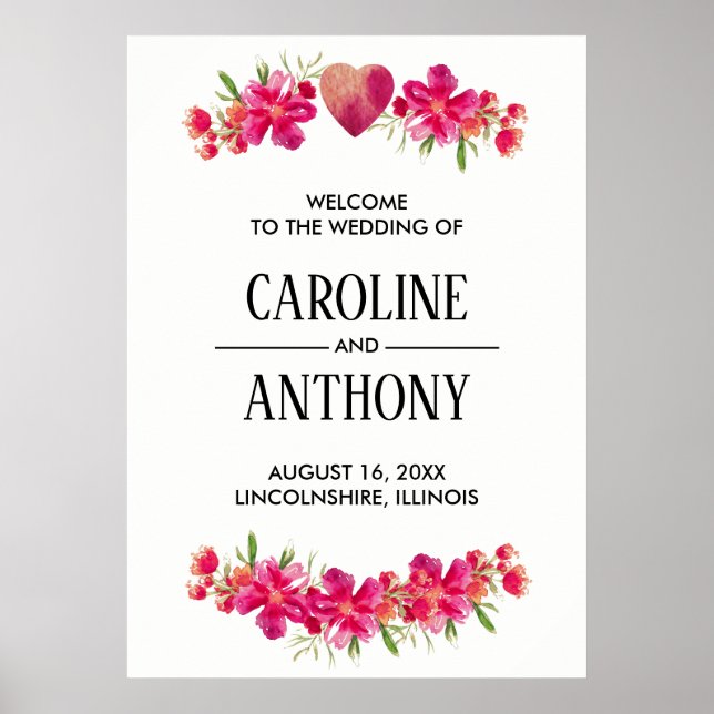 Fuchsia Watercolor Floral  Wedding Welcome Sign (Front)