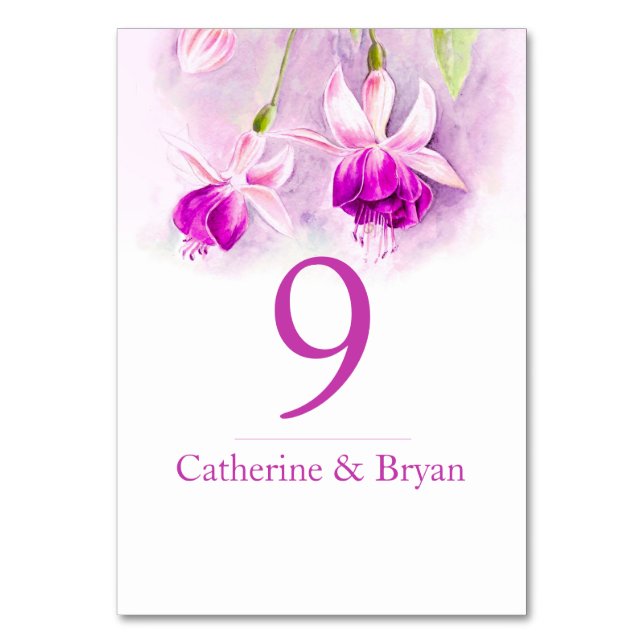 Fuchsia watercolor flower wedding table number (Front)
