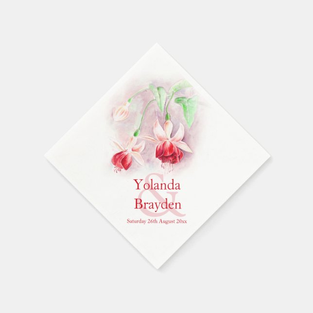 Fuchsia watercolor red green wedding napkins (Corner)