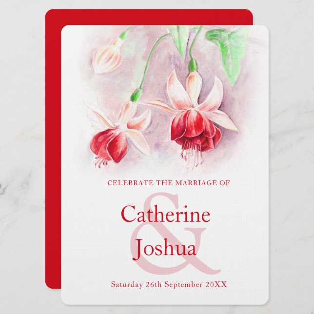 Fuchsia watercolor red pink art wedding invitation (Front/Back)