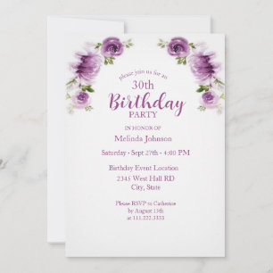 Fuchsia Watercolor Roses and Peonies 30th Birthday Invitation