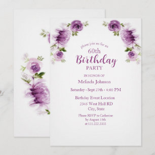 Fuchsia Watercolor Roses and Peonies 60th Birthday Invitation