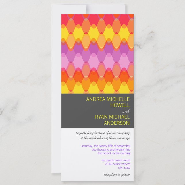 Fuchsia Waves Geometric Mod Pattern Modern Wedding Invitation (Front)
