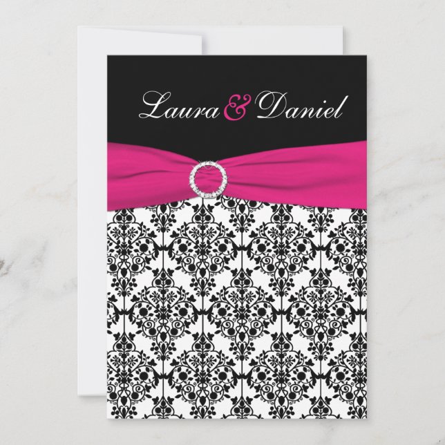 Fuchsia, White, Black Damask Wedding Invitation (Front)