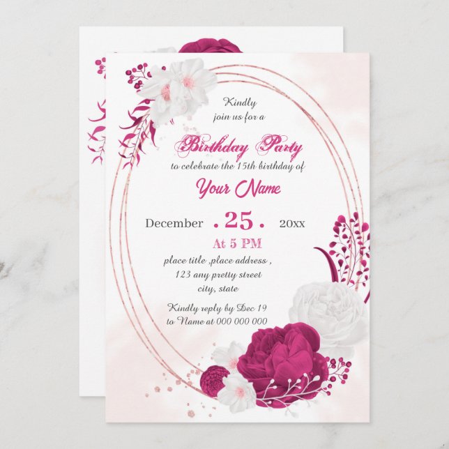 fuchsia & white floral geometric birthday party invitation (Front/Back)