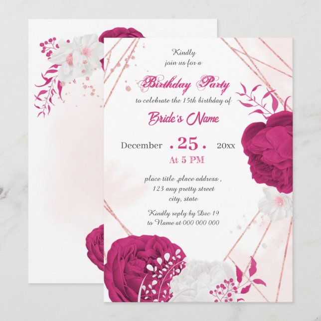 fuchsia & white floral geometric birthday party invitation (Front/Back)