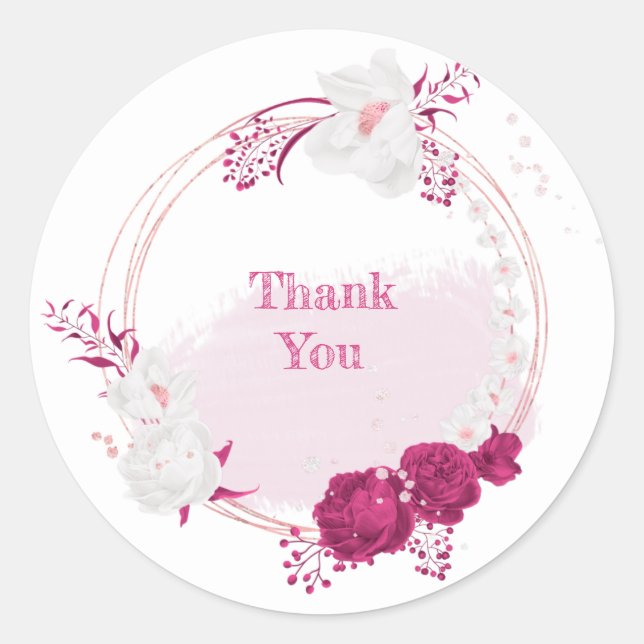 fuchsia & white floral wedding classic round sticker (Front)