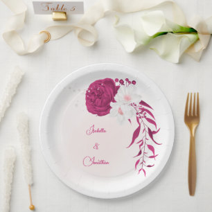 fuchsia & white floral wedding paper plate