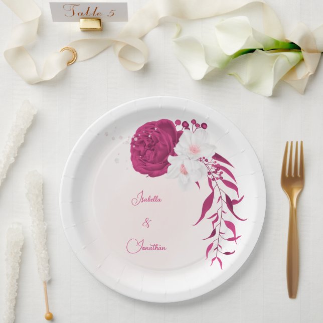 fuchsia & white floral wedding paper plate (Wedding)