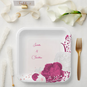fuchsia & white floral wedding paper plate