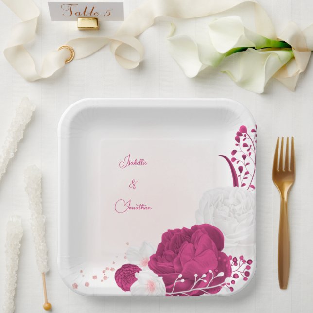 fuchsia & white floral wedding paper plate (Wedding)