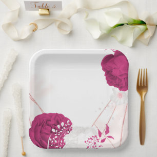 fuchsia & white floral wedding paper plate
