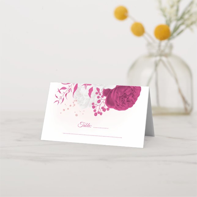 fuchsia & white floral wedding place card (Front)