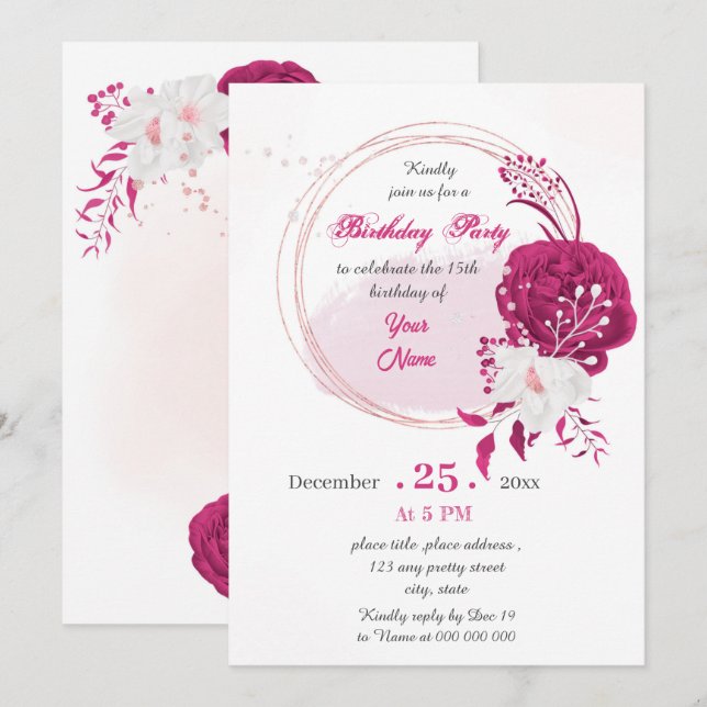fuchsia & white floral wreath birthday party invitation (Front/Back)