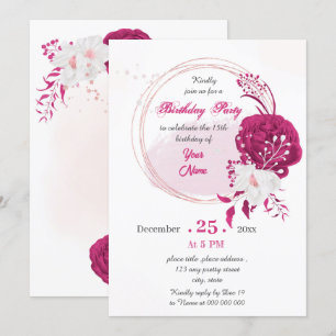 fuchsia & white floral wreath birthday party invitation