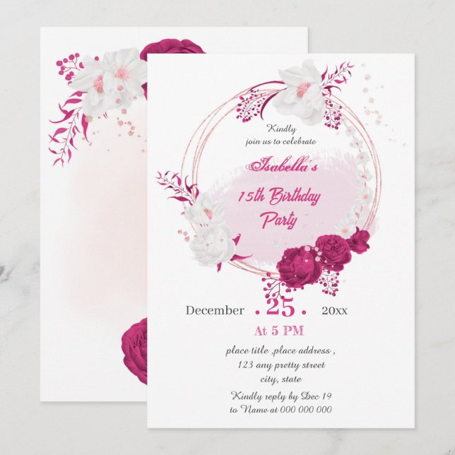 fuchsia & white floral wreath birthday party invitation (Front/Back)