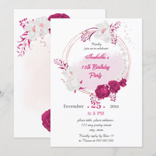 fuchsia & white floral wreath birthday party invitation