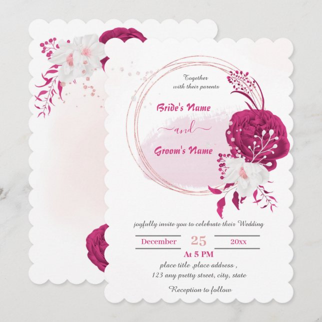 fuchsia & white floral wreath wedding invitation (Front/Back)