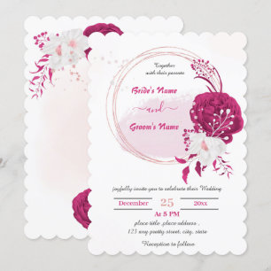 fuchsia & white floral wreath wedding invitation