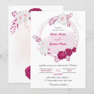 fuchsia & white floral wreath wedding invitation