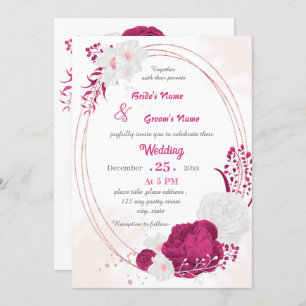 fuchsia & white floral wreath wedding invitation
