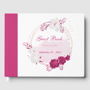 fuchsia & white flowers botanical wreath guest book