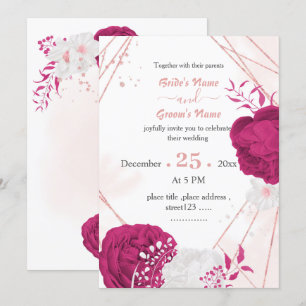 fuchsia white flowers  geometric wedding invitation