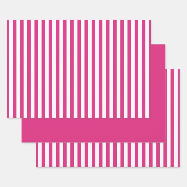 Fuchsia White Simple Stripes Pattern Geometric Wrapping Paper Sheet (Set)
