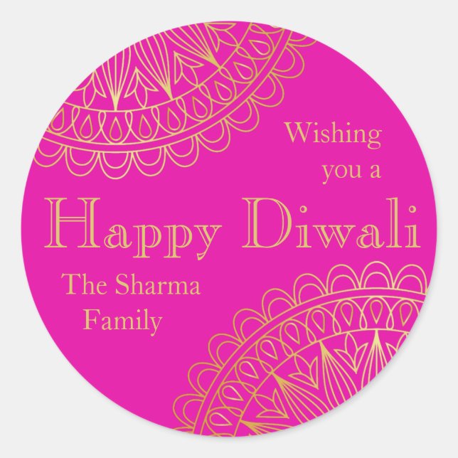 Fucshia and Gold Diwali Party Favour Classic Round Sticker (Front)
